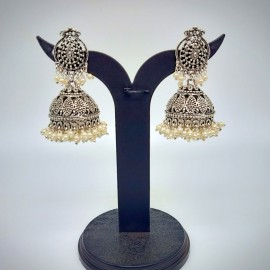 Oxidized Silver Jhumkas with Double Layered Pearl Beads 